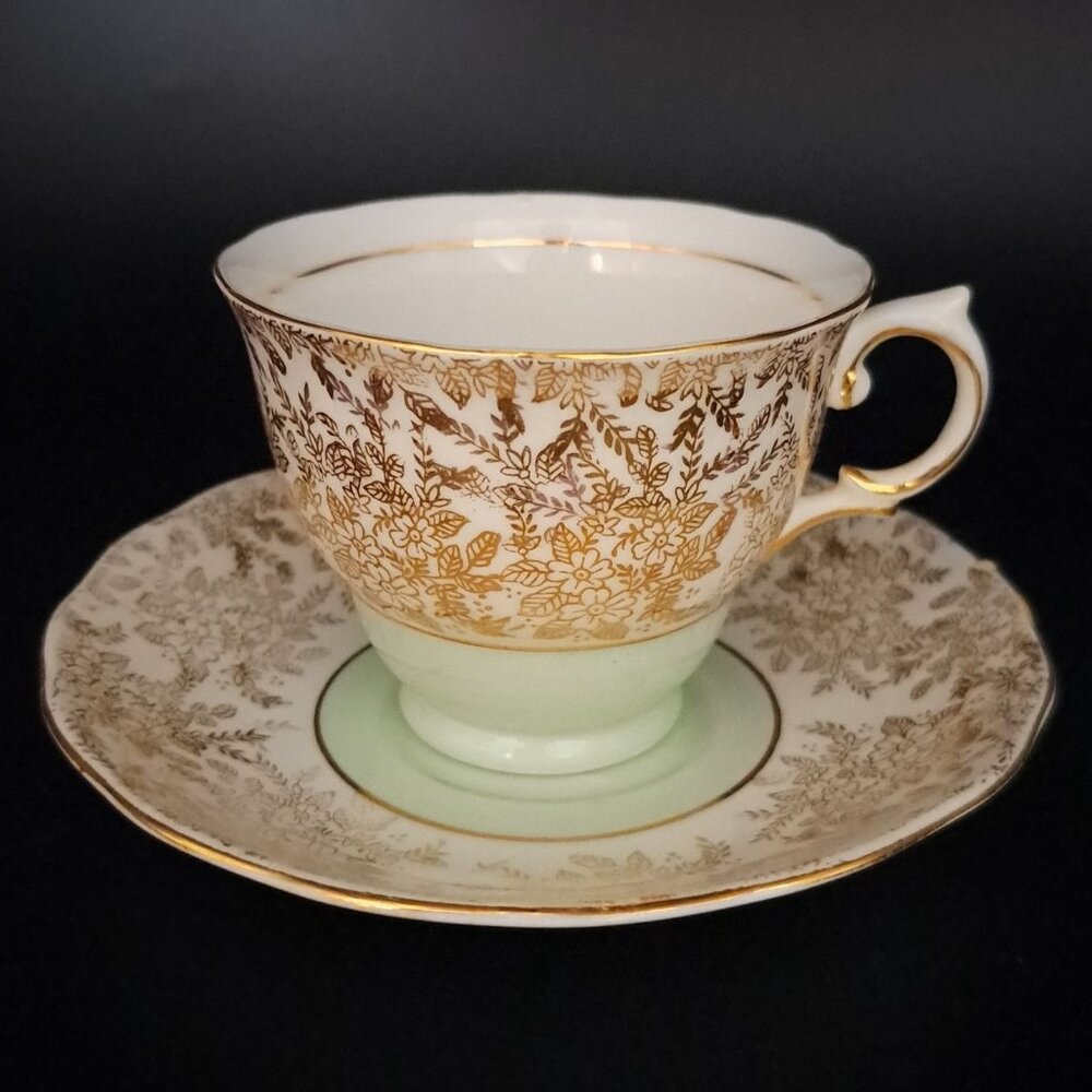 Colclough Bone China Tea Cup Saucer Gold Flowers Leaves Pale Green Band England